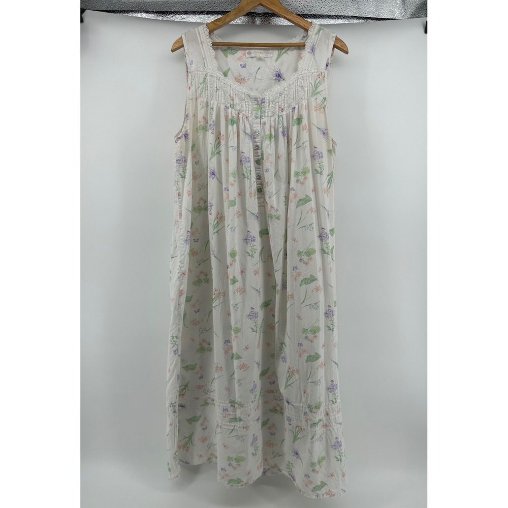 Eileen West Nightgown Womens Large White Floral Cotton Lace Sleeveless Sleepwear